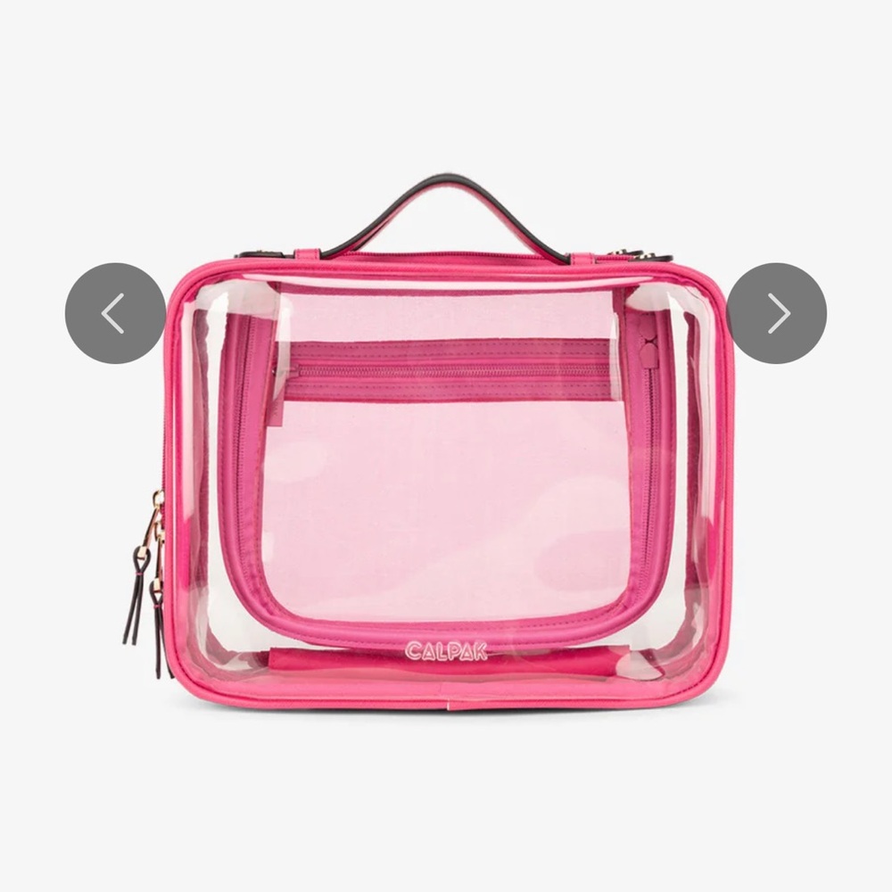 Calpak NWOT Hot Pink Clear Travel Cosmetic Case with Pink Trim